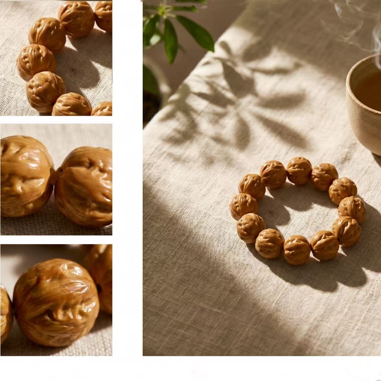 BR-035 carved monkey head walnut beaded bracelet photo 2
