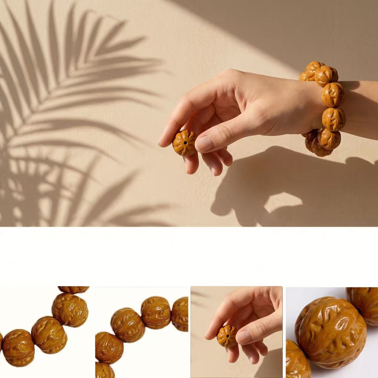 BR-035 carved monkey head walnut beaded bracelet photo 3